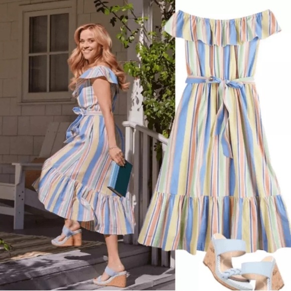 NEW DRAPER JAMES RSVP Off Shoulder Ruffle Sleeve Striped Midi Dress Size 3X - Picture 3 of 11